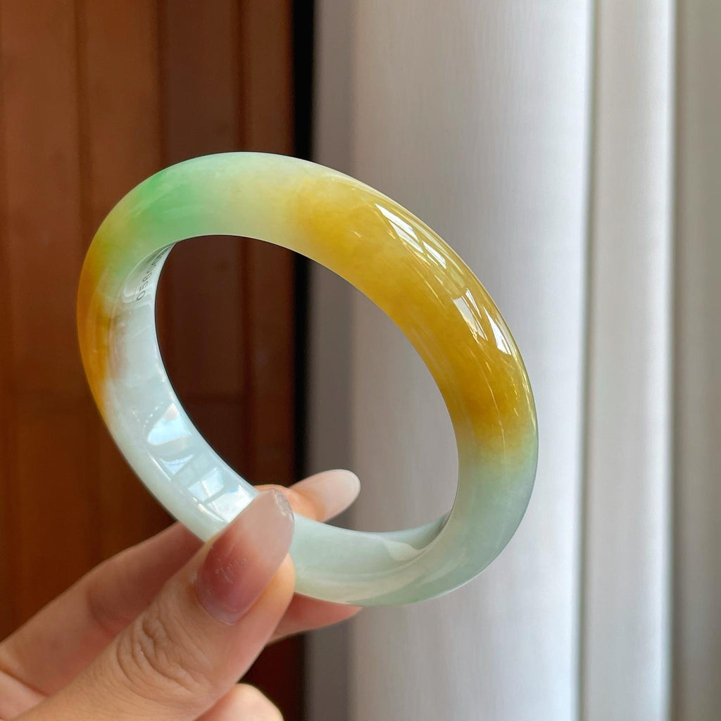 糯冰黄加绿翡翠平安镯（58.5mm）（yc268243）