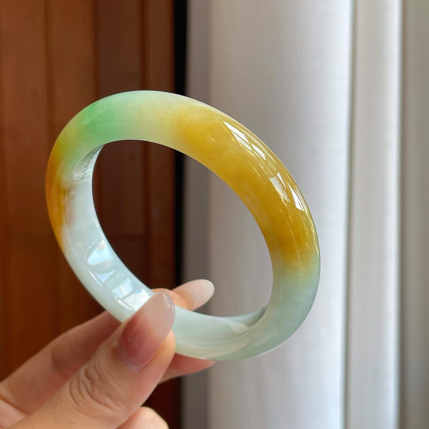 糯冰黄加绿翡翠平安镯（58.5mm）（yc268243）