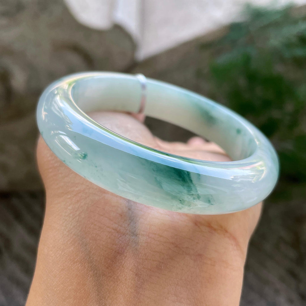 小圈口      糯冰种飘花正圈平安镯53圈       天然缅甸A货翡翠（yc431599）