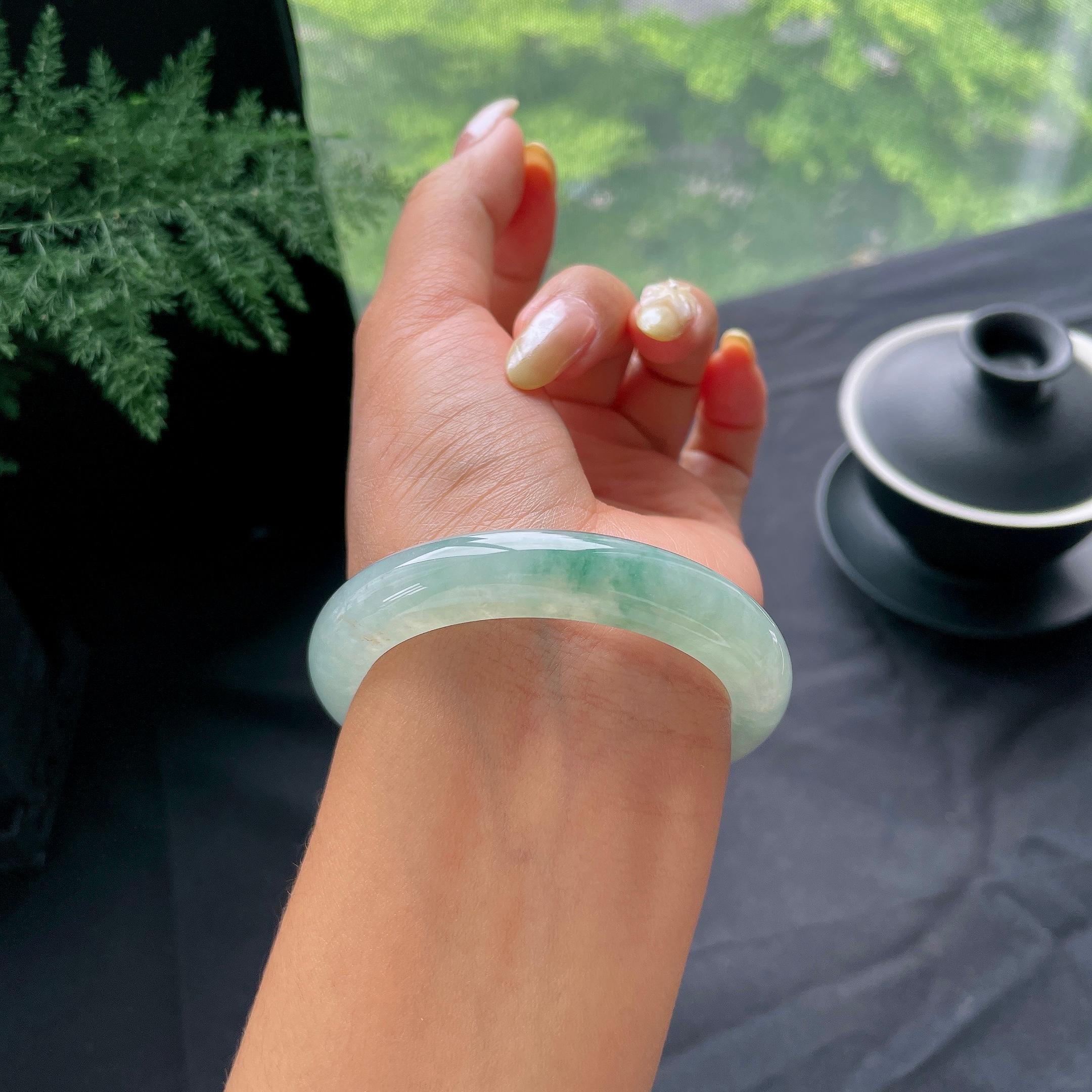 小圈口 糯冰种飘花正圈平安镯53圈 天然缅甸A货翡翠（yc473131）