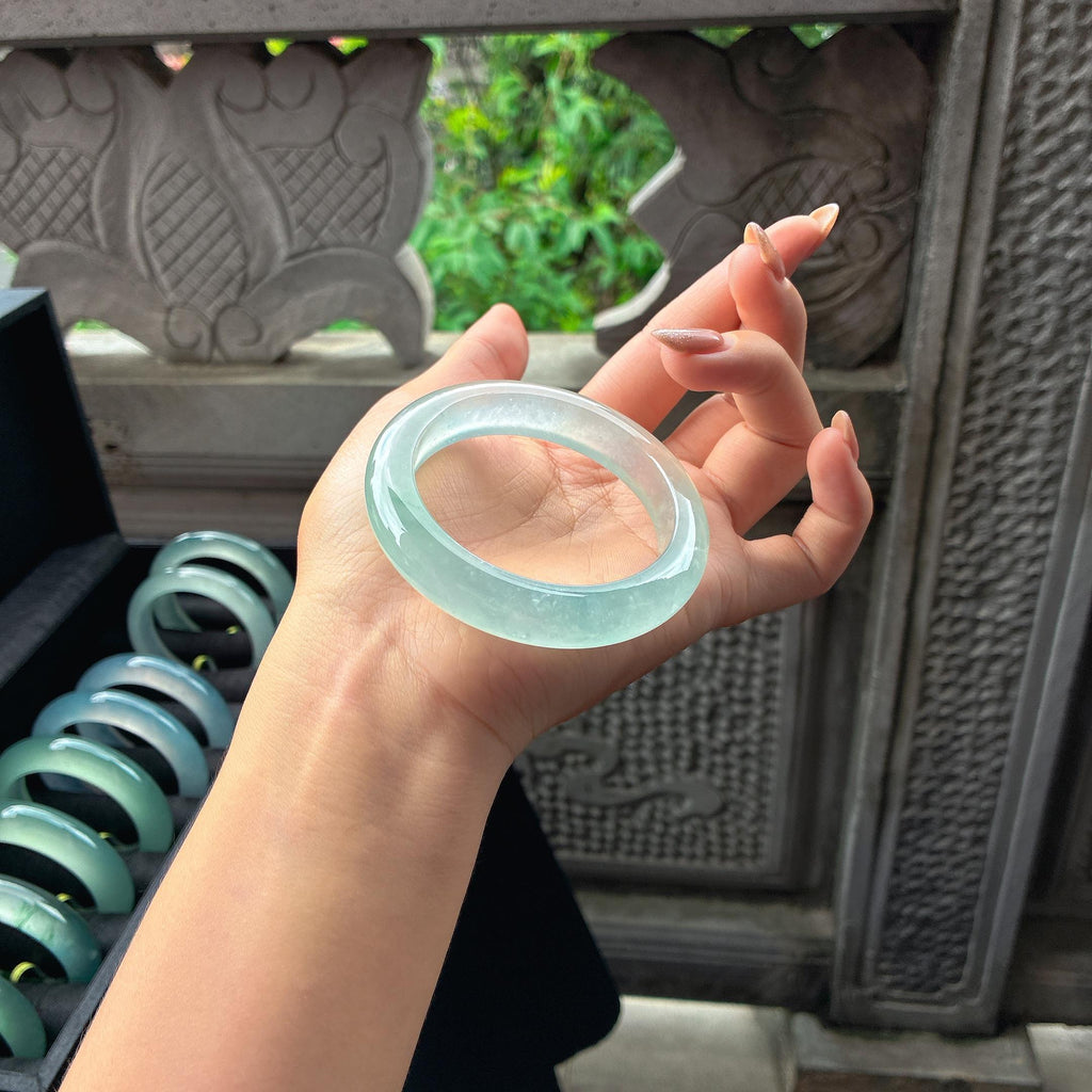 高冰种起光晴底雪花棉正圈平安镯 54圈 天然缅甸A货翡翠（yc454013）