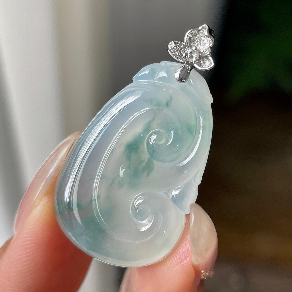 18k金钻镶糯冰种飘兰花如意吊坠    天然缅甸A货翡翠（yc346451）