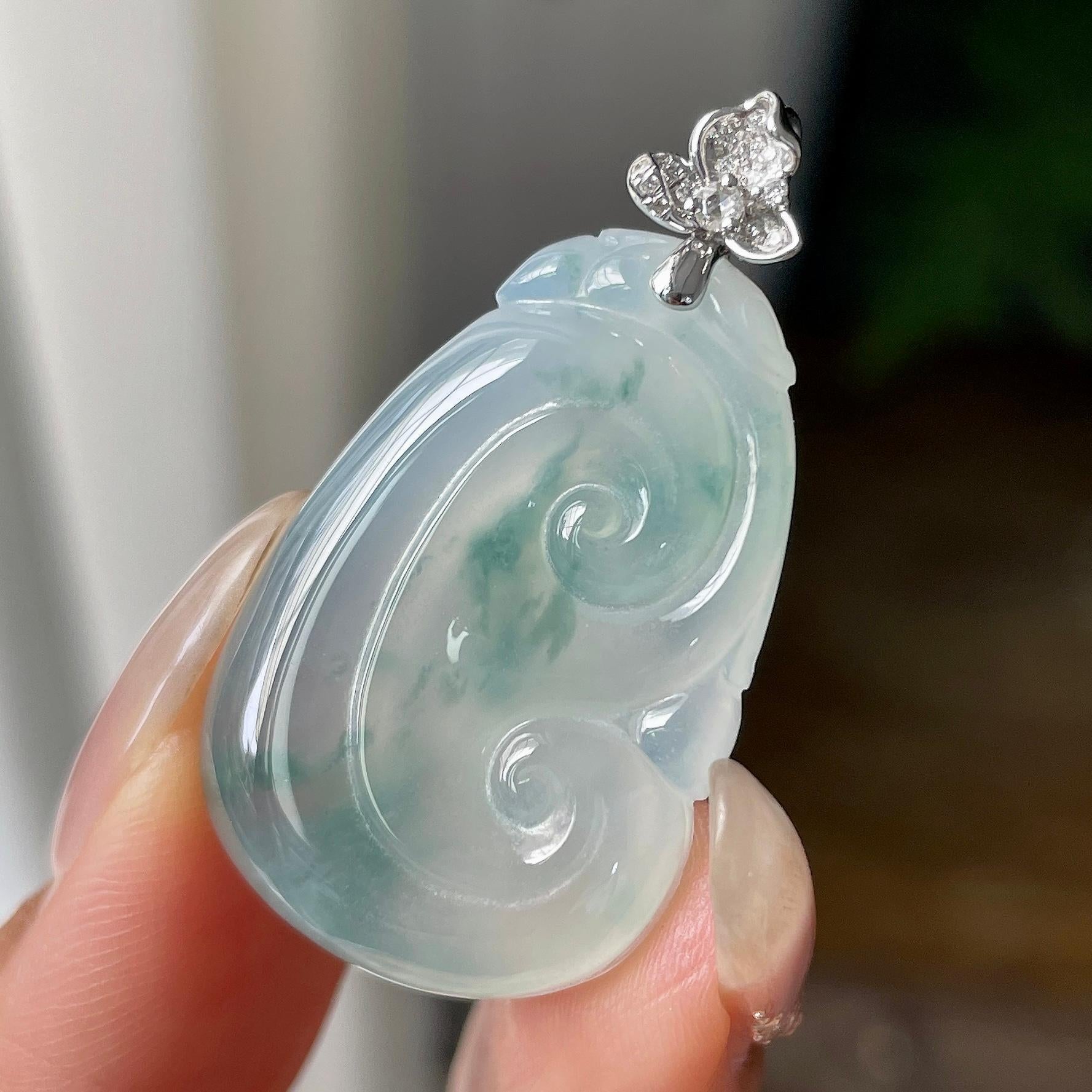 18k金钻镶糯冰种飘兰花如意吊坠    天然缅甸A货翡翠（yc346451）