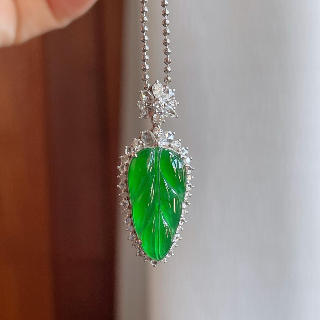 18k金钻镶冰种满绿翡翠叶子（yc267497）