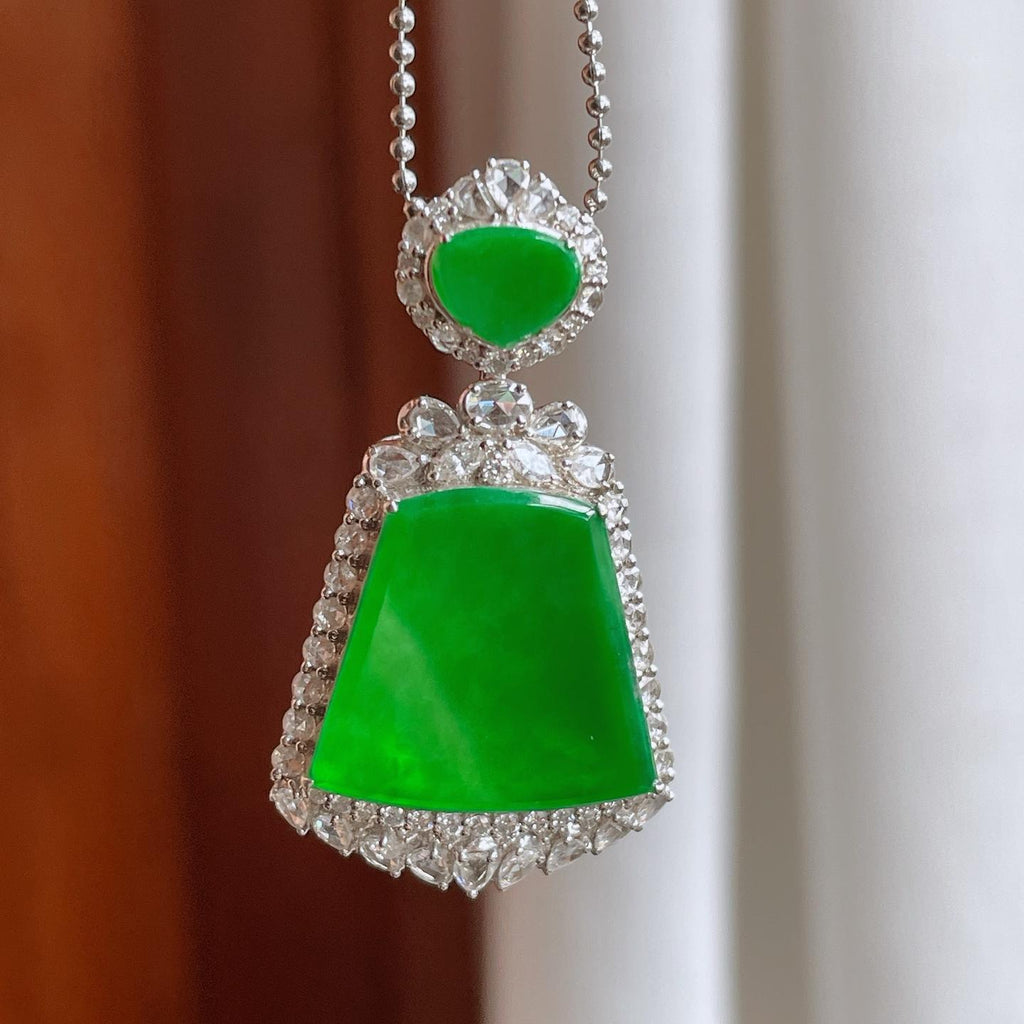 18k金镶镶冰种满绿翡翠无事牌（yc246194）