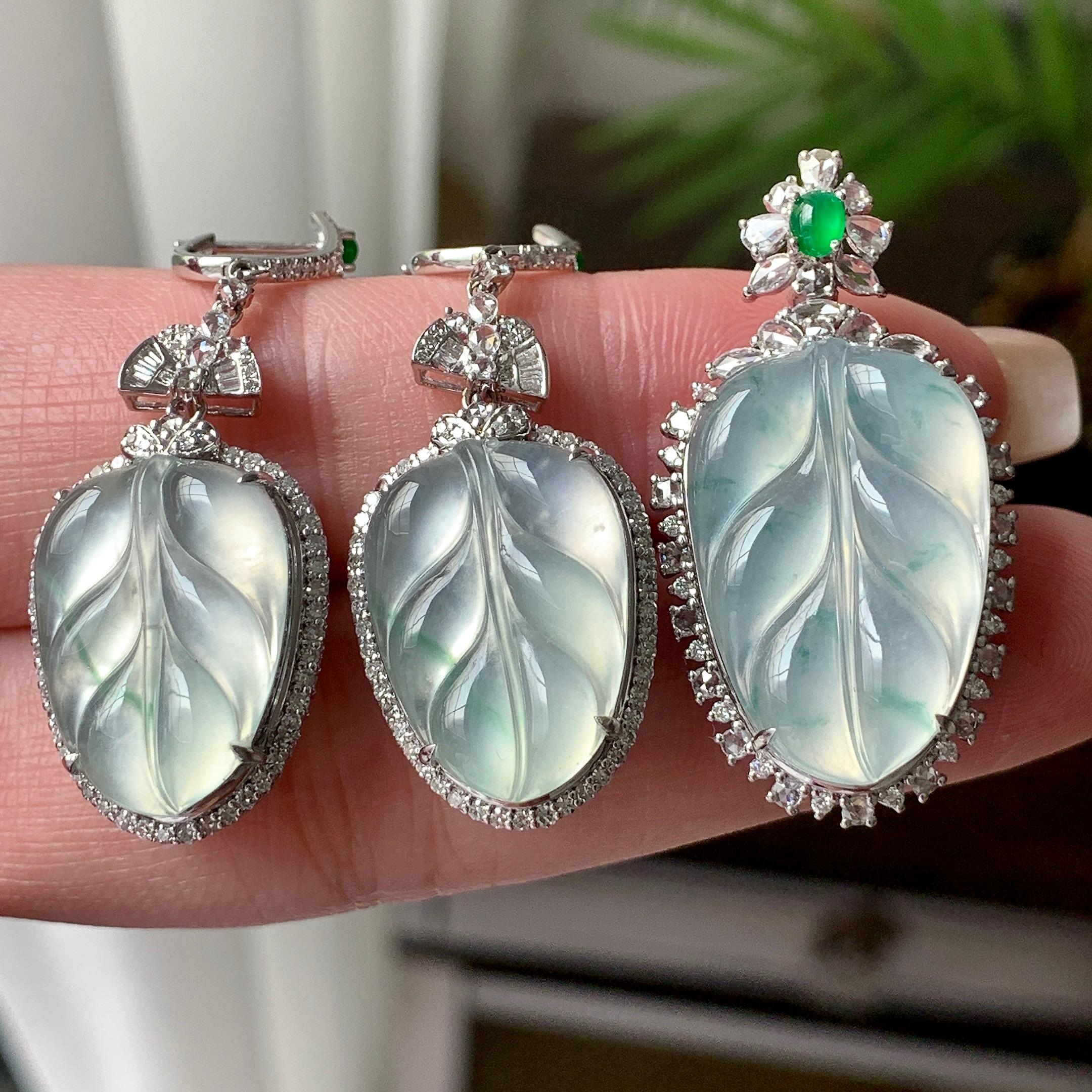 18K金钻镶冰种飘花叶子套装（耳坠吊坠） 天然缅甸A货翡翠（yc433561）