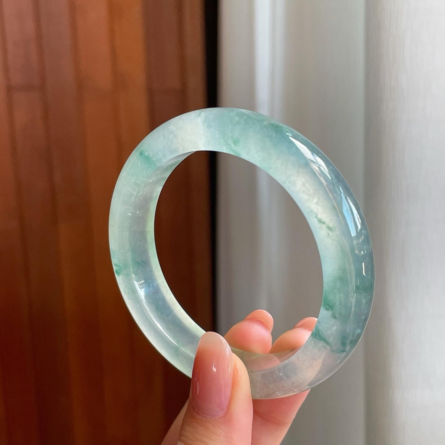 冰玻种飘花翡翠平安镯（53mm）（yc335287）