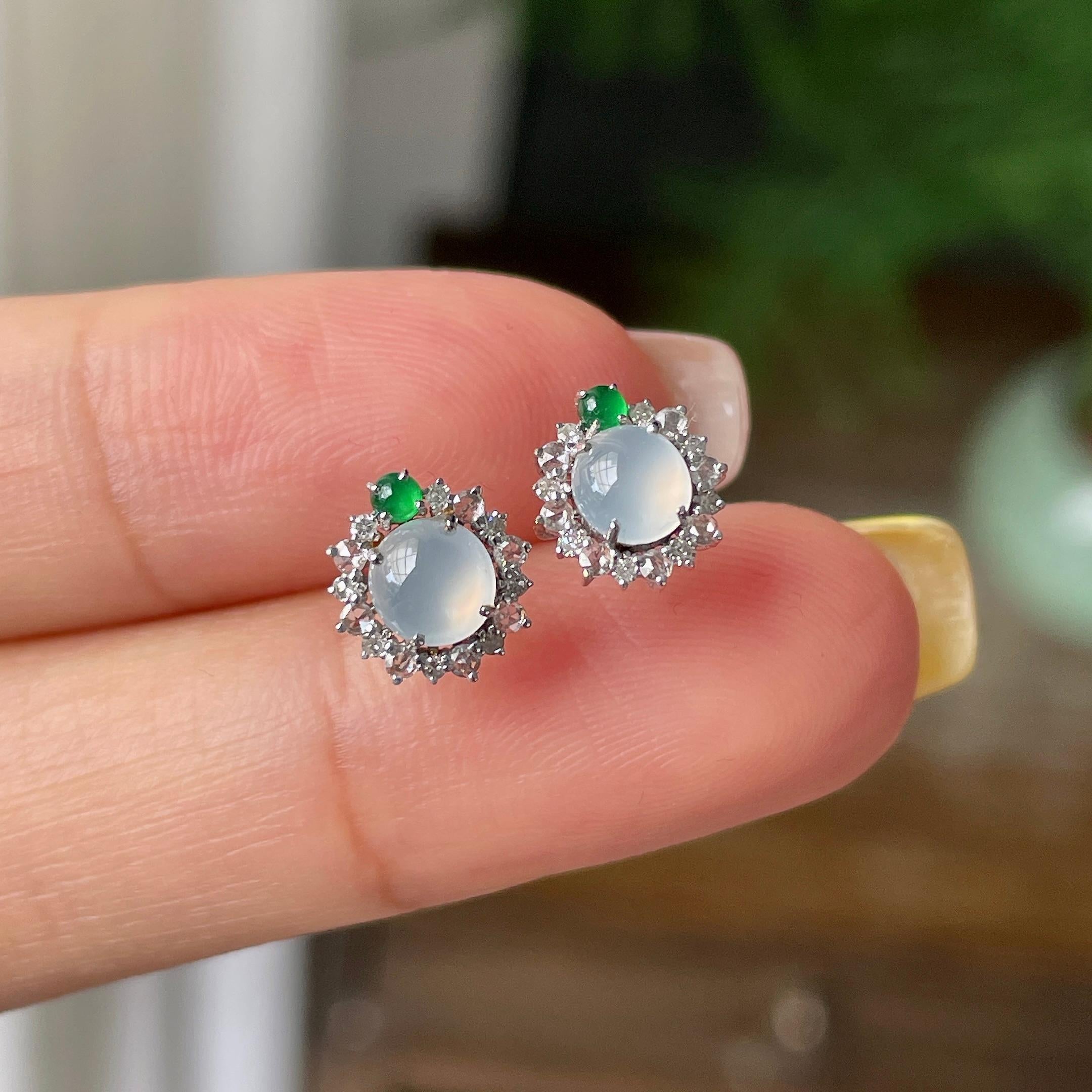 18k金钻镶冰种无色蛋面耳钉   天然缅甸A货翡翠（yc358913）