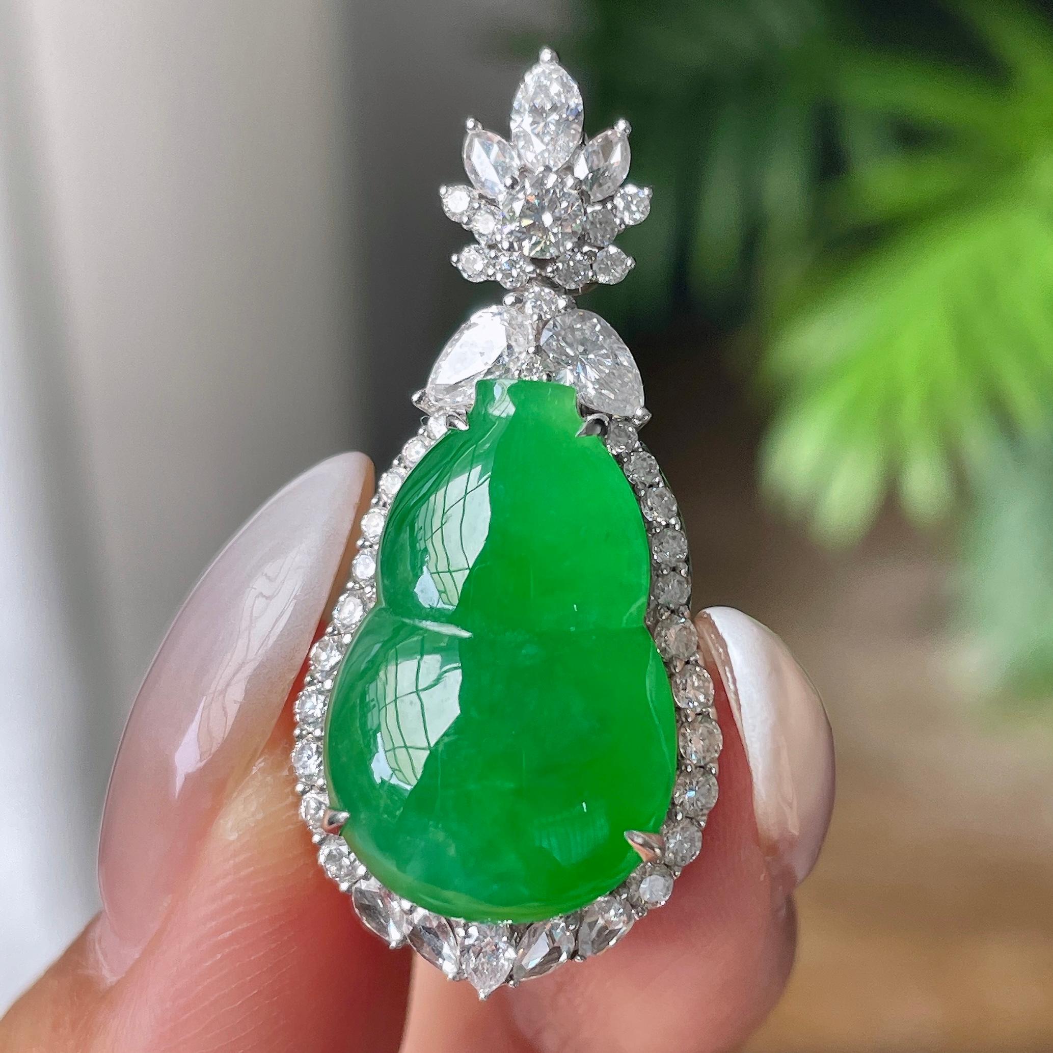 18k金钻镶糯冰种满绿葫芦吊坠       天然缅甸A货翡翠（yc414007）