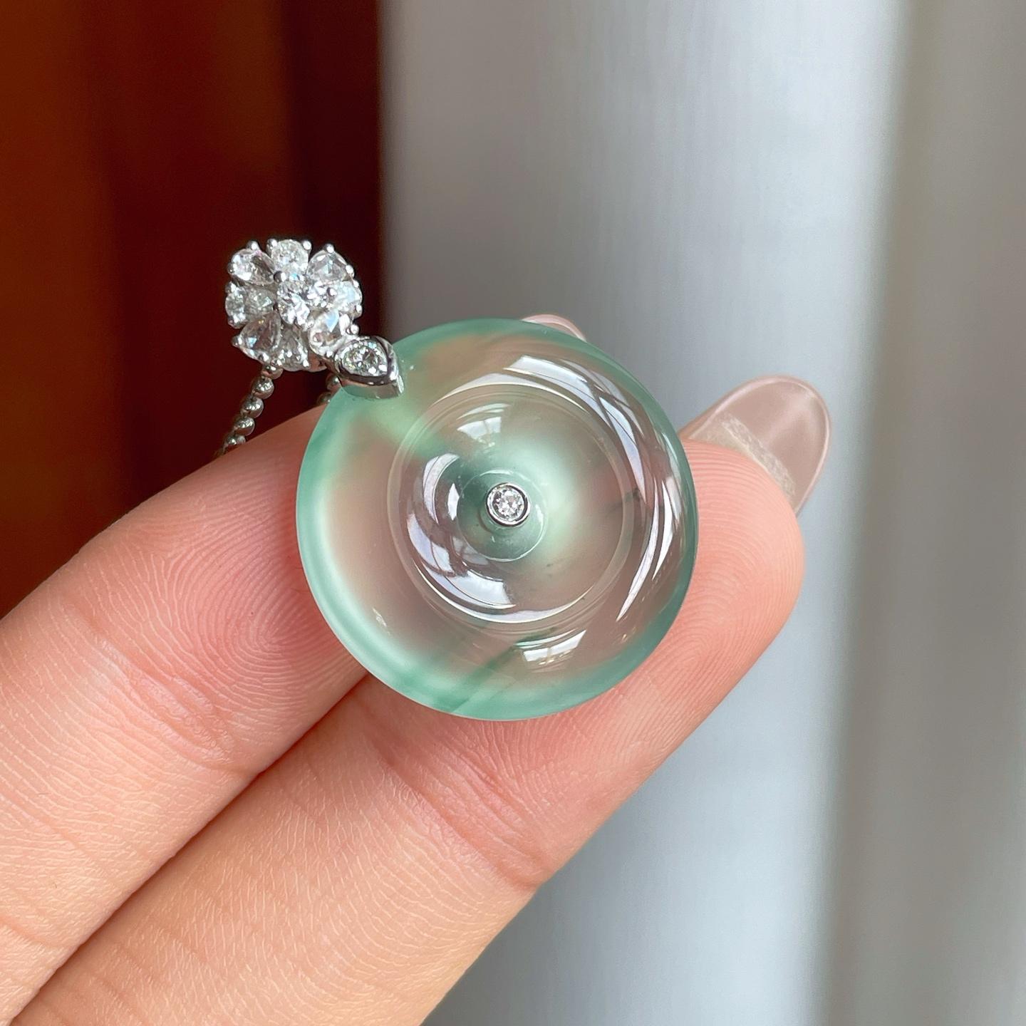 18k金镶冰种飘花翡翠平安扣（yc244886）