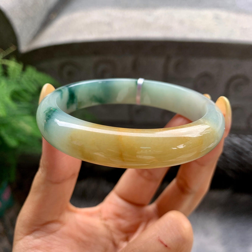细糯种黄翡飘花正圈平安镯55圈 天然缅甸A货翡翠（yc481904）