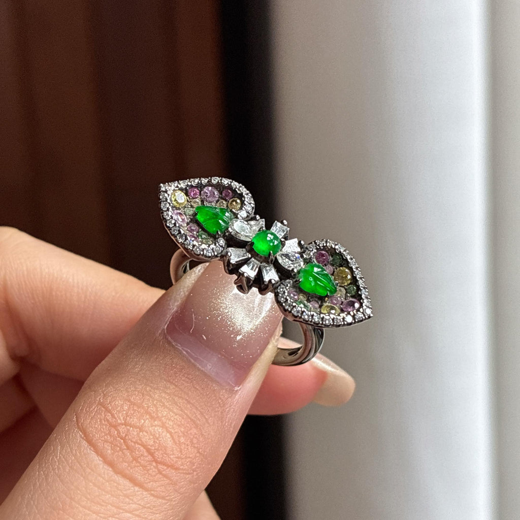 Nhẫn Ngọc Bích Myanmar Tự Nhiên Loại A (yc450392) - 18k Màu Xanh Lục Đầy Đặn Dạng Băng Chủng (Kiểu Hai Chức Năng)
