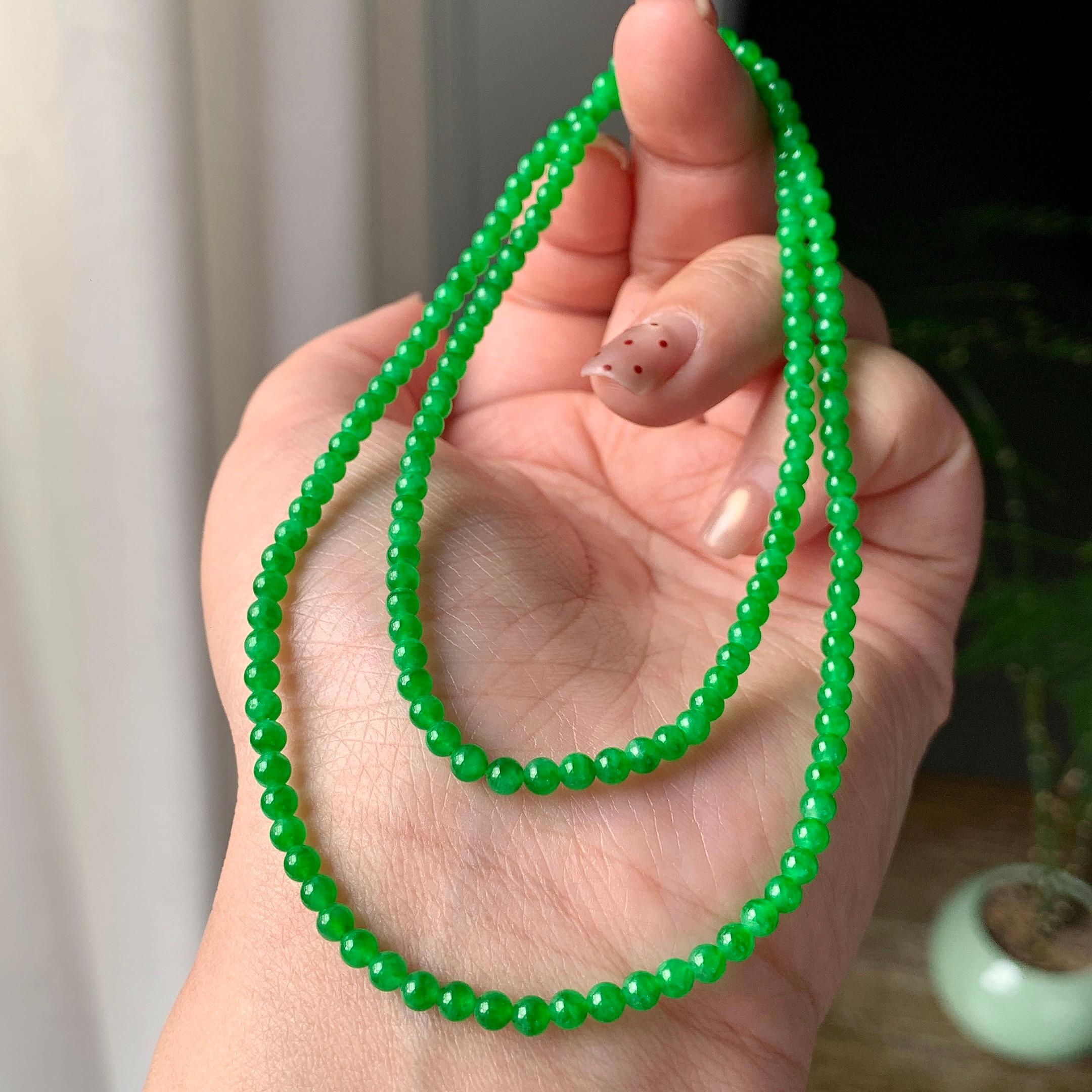 糯冰种阳绿小米珠链（161颗） 天然缅甸A货翡翠（yc355302）