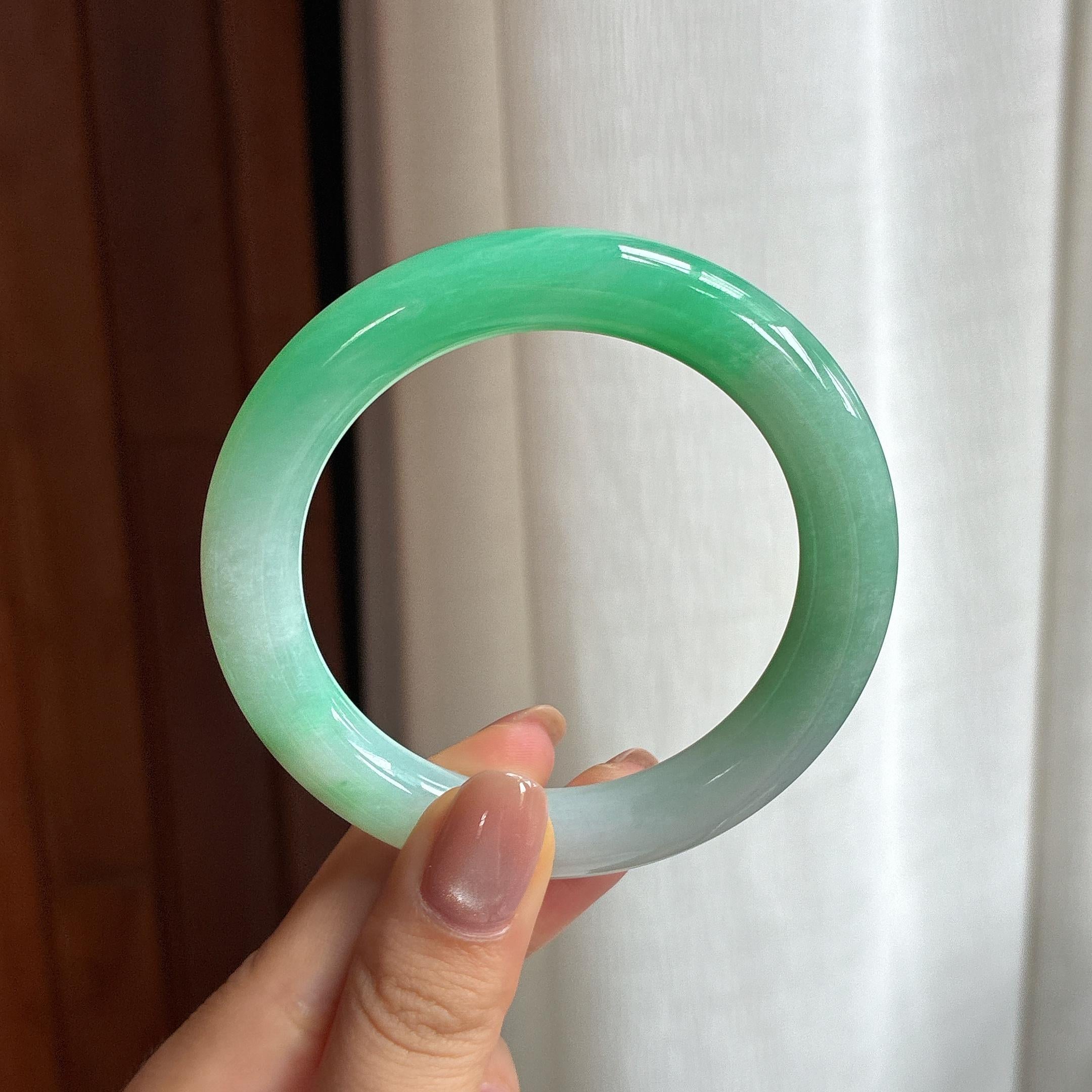 糯冰带色翡翠圆条手镯 54圈天然缅甸A货翡翠（yc439793）