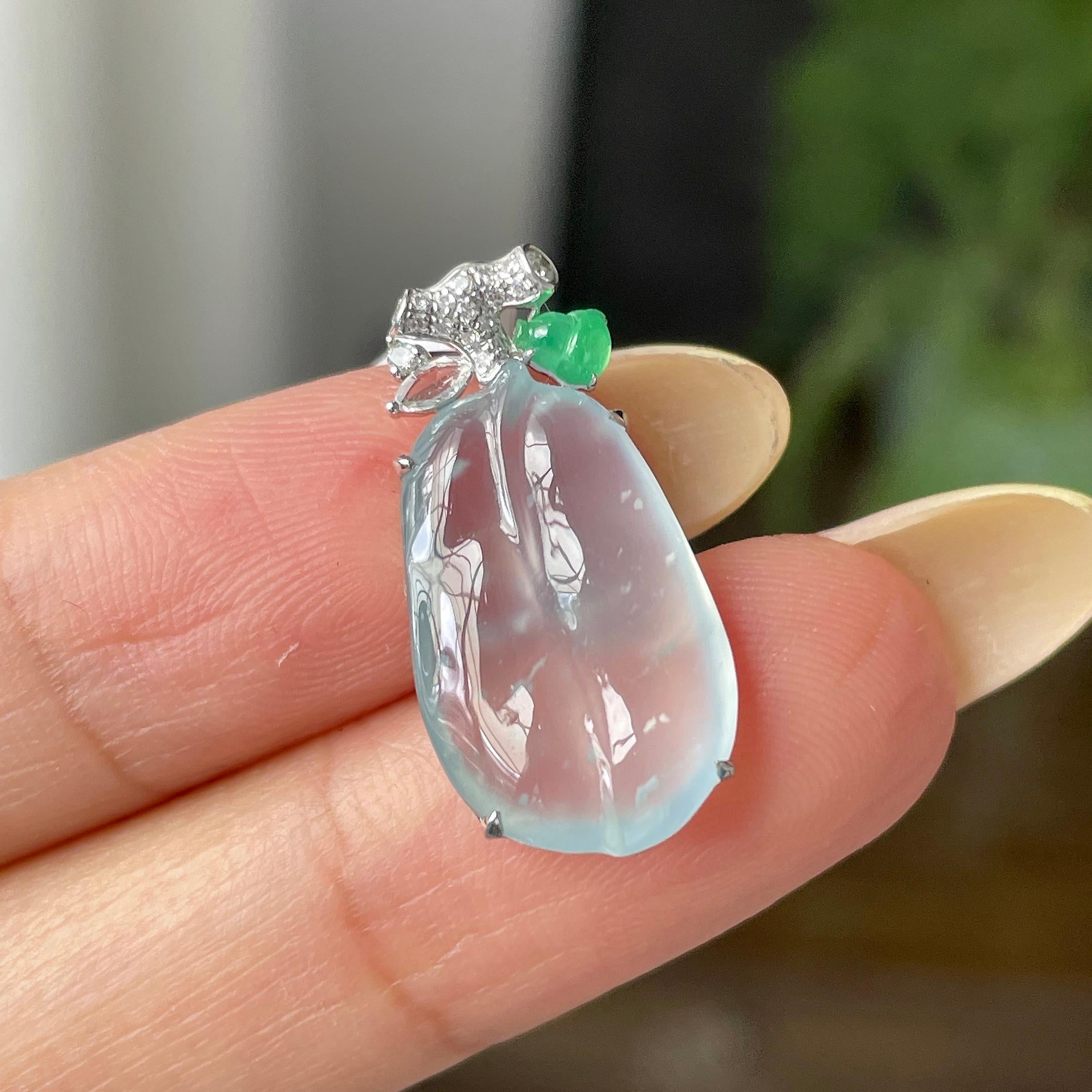 18k金镶冰种蓝底雪花棉叶子吊坠        天然缅甸A货翡翠（yc457079）