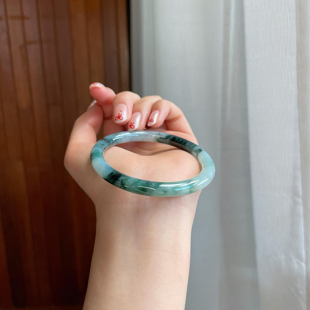 糯冰水墨花翡翠圆条手镯（54mm）（yc318585）