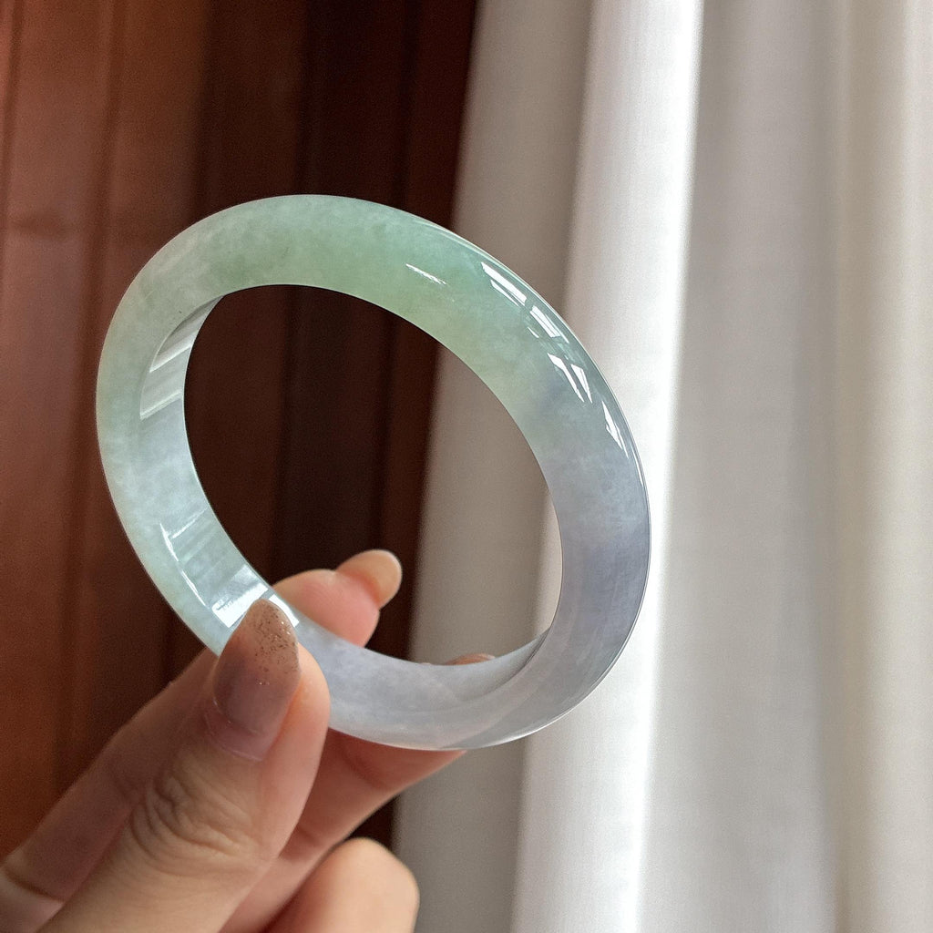 糯冰湖水绿带一抹紫 正圈平安镯 57圈 天然缅甸A货翡翠（yc460745）