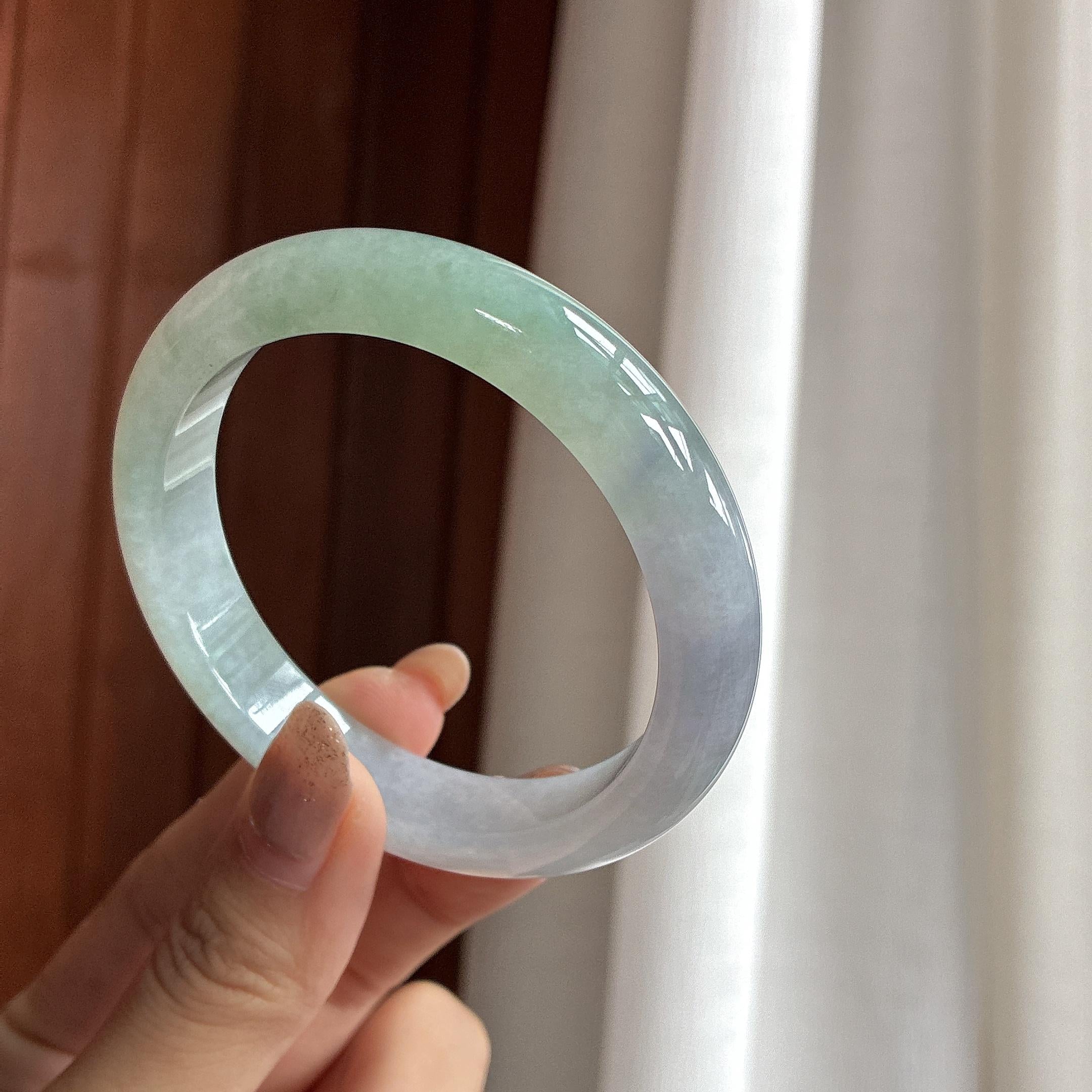糯冰湖水绿带一抹紫 正圈平安镯 57圈 天然缅甸A货翡翠（yc460745）