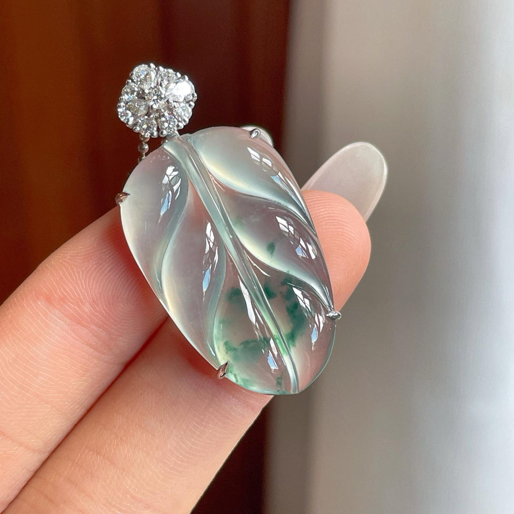 18k金钻镶冰种飘花翡翠叶子（yc261404）