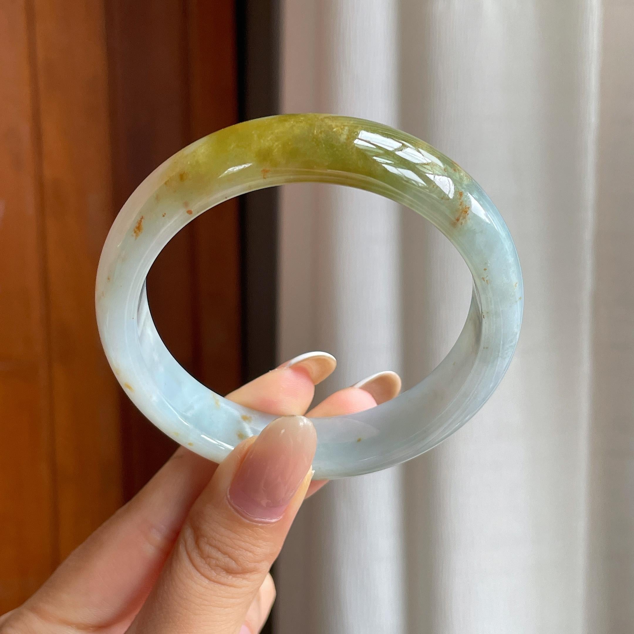 糯冰黄翡宽版翡翠平安镯（58mm)（yc417334）