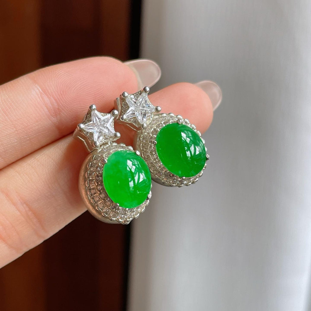 铜托糯冰满绿翡翠蛋面耳饰（yc246170）