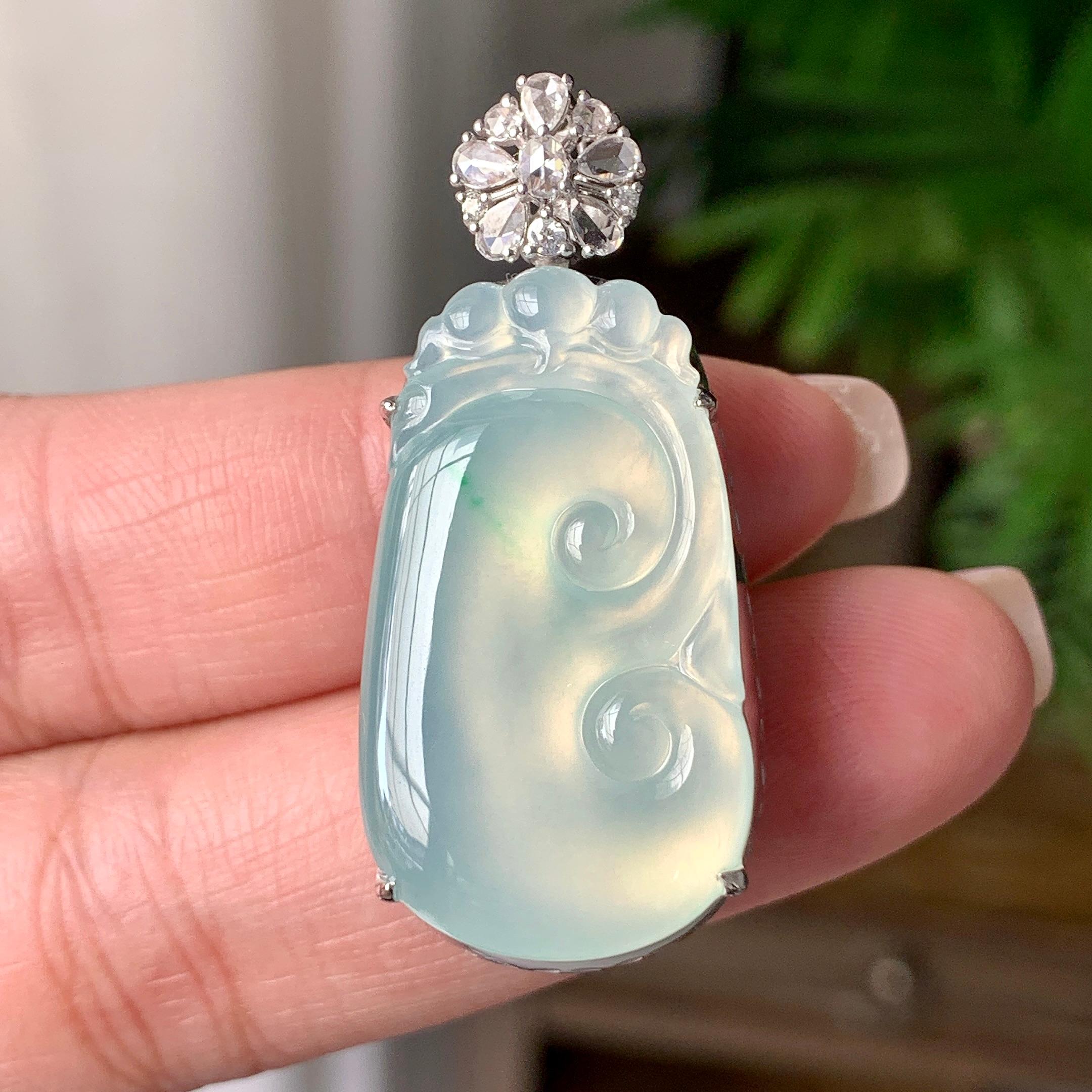 18K金钻镶冰种飘绿花如意吊坠 天然缅甸A货翡翠（yc399284）