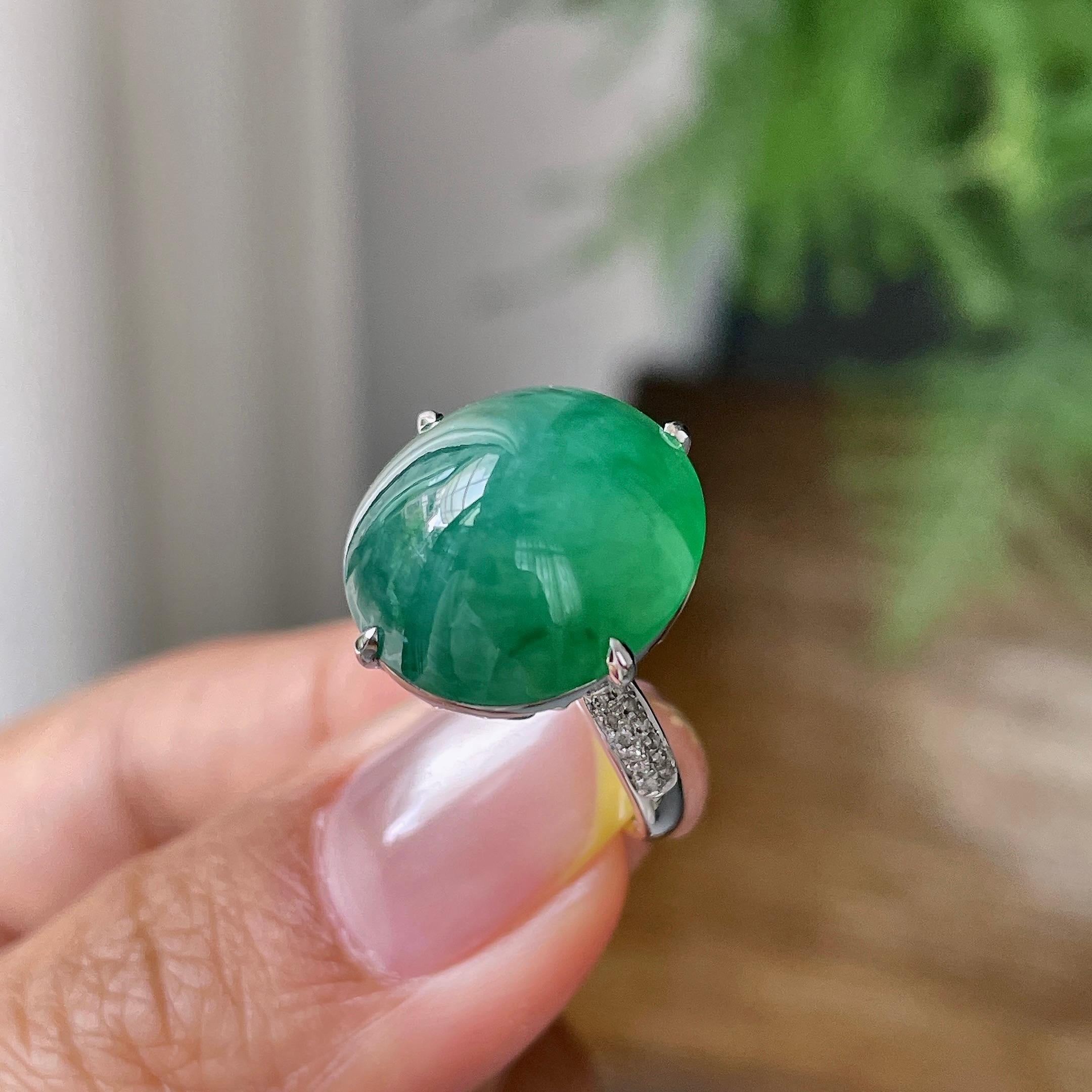 18k金镶细糯种湖水绿蛋面戒指     天然缅甸A货翡翠（yc362069）