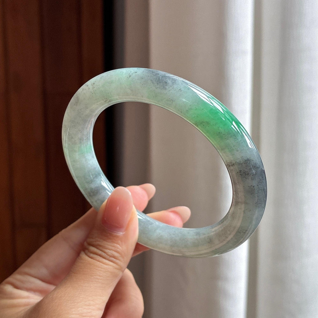 糯冰带色乌鸡圆条手镯 56圈 天然缅甸A货翡翠（yc530324）
