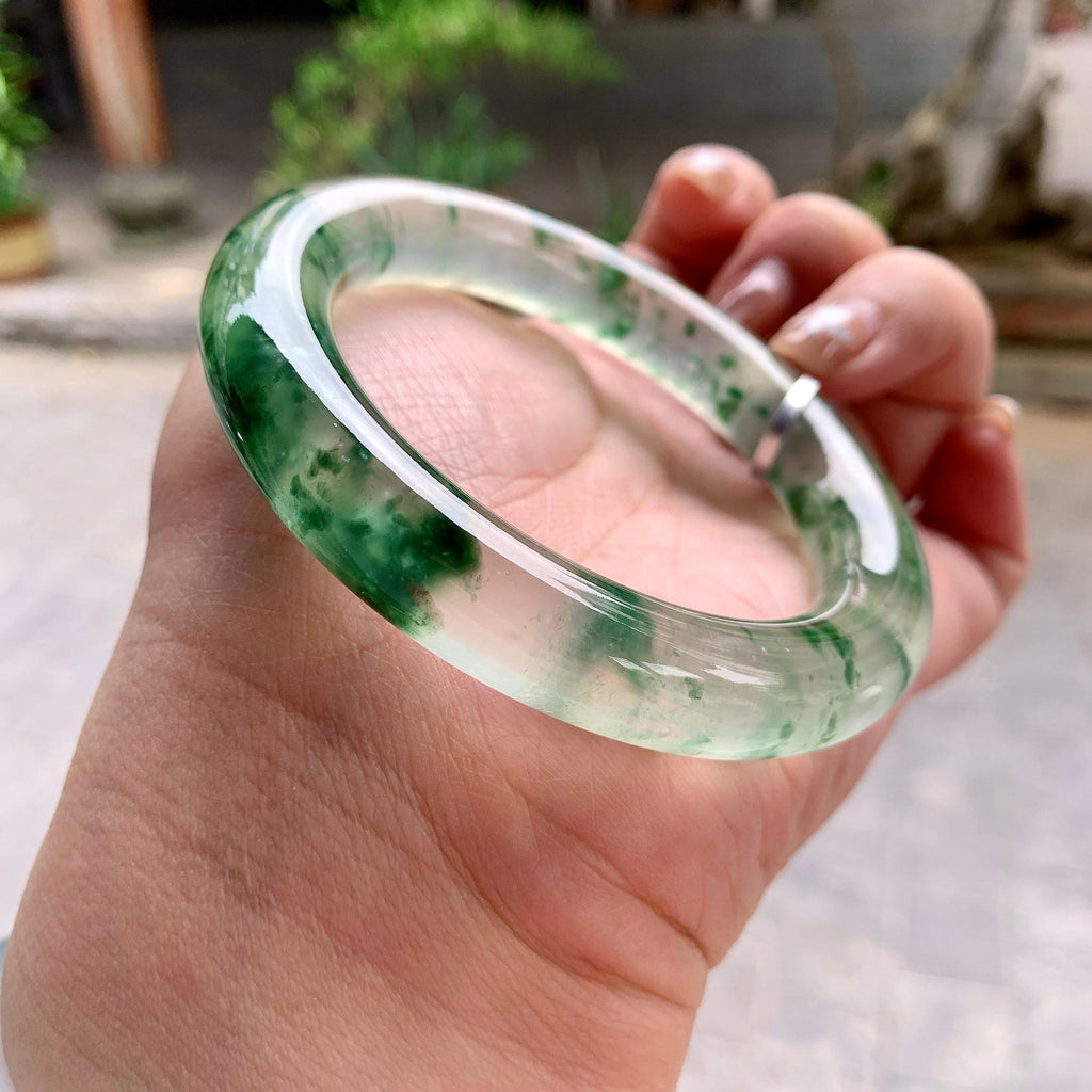 大圈口 高冰种飘绿花圆条手镯 58圈口 天然缅甸A货翡翠（yc378788）