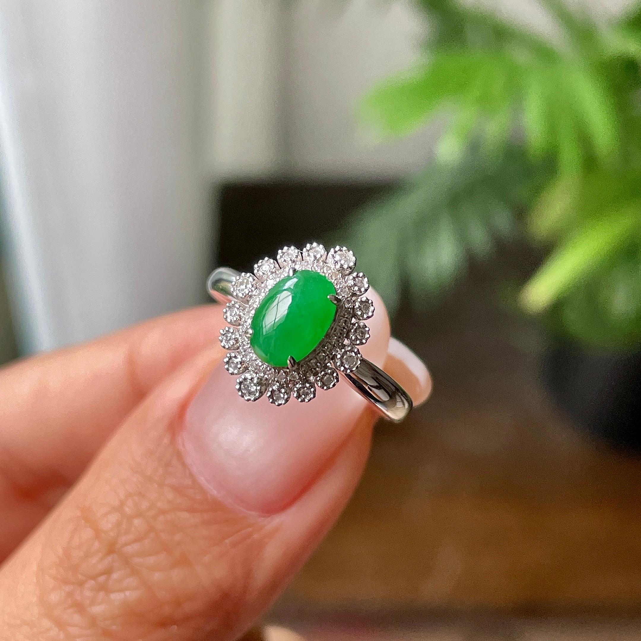 18k金钻镶细糯种满绿蛋面戒指        天然缅甸A货翡翠（yc402934）