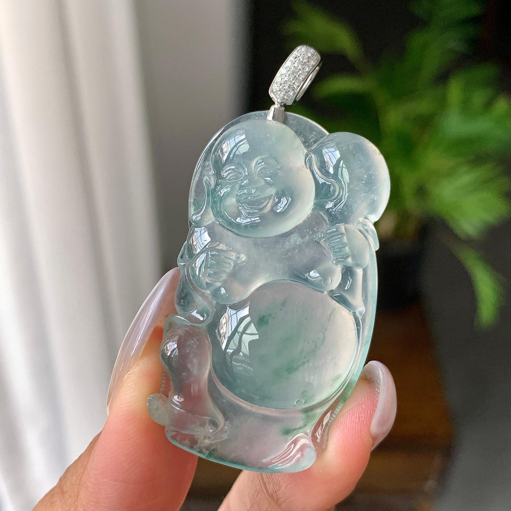 18K金钻扣镶高冰种飘花布袋佛挂件（yc176996）