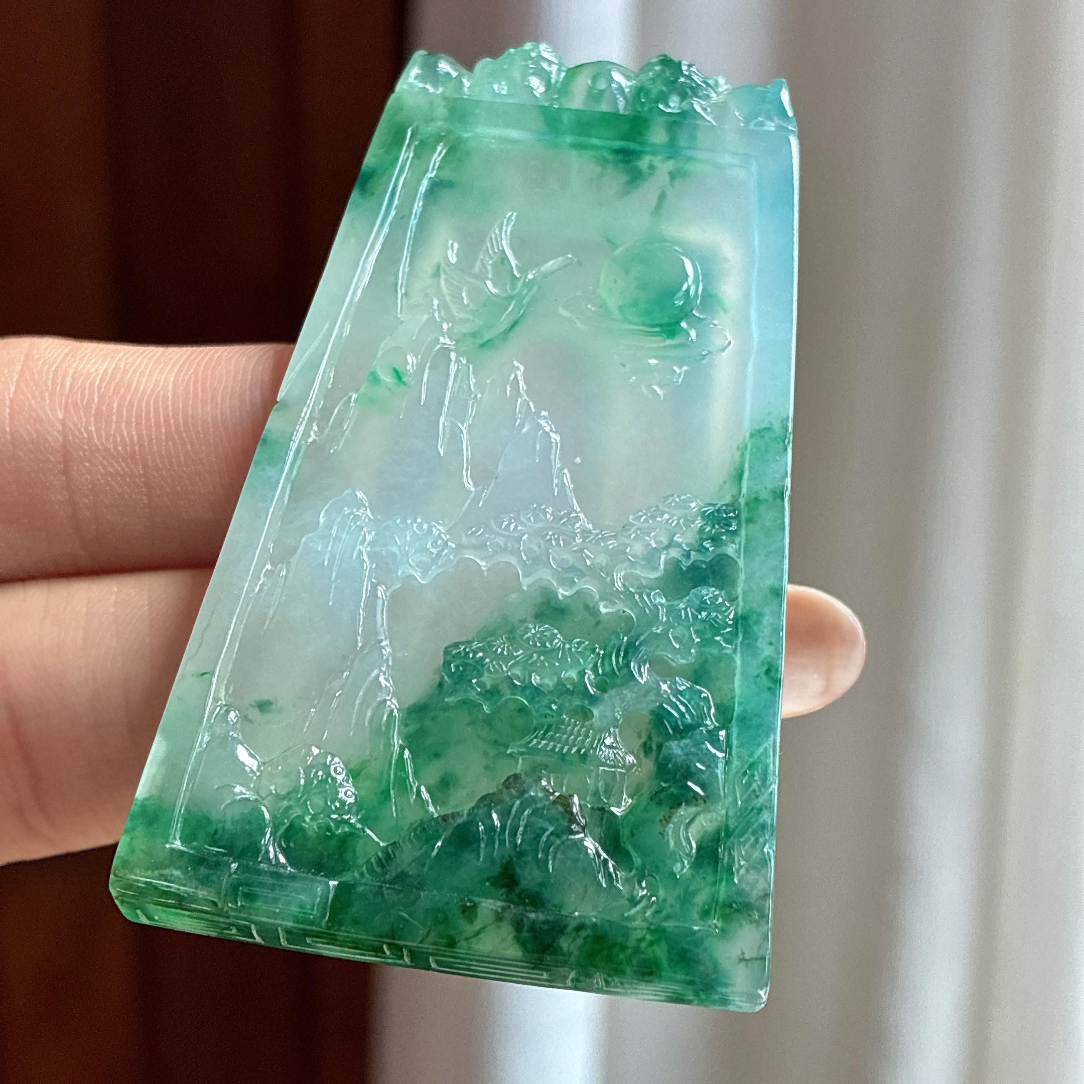 冰种飘花山水牌 天然缅甸A货翡翠（yc453188）