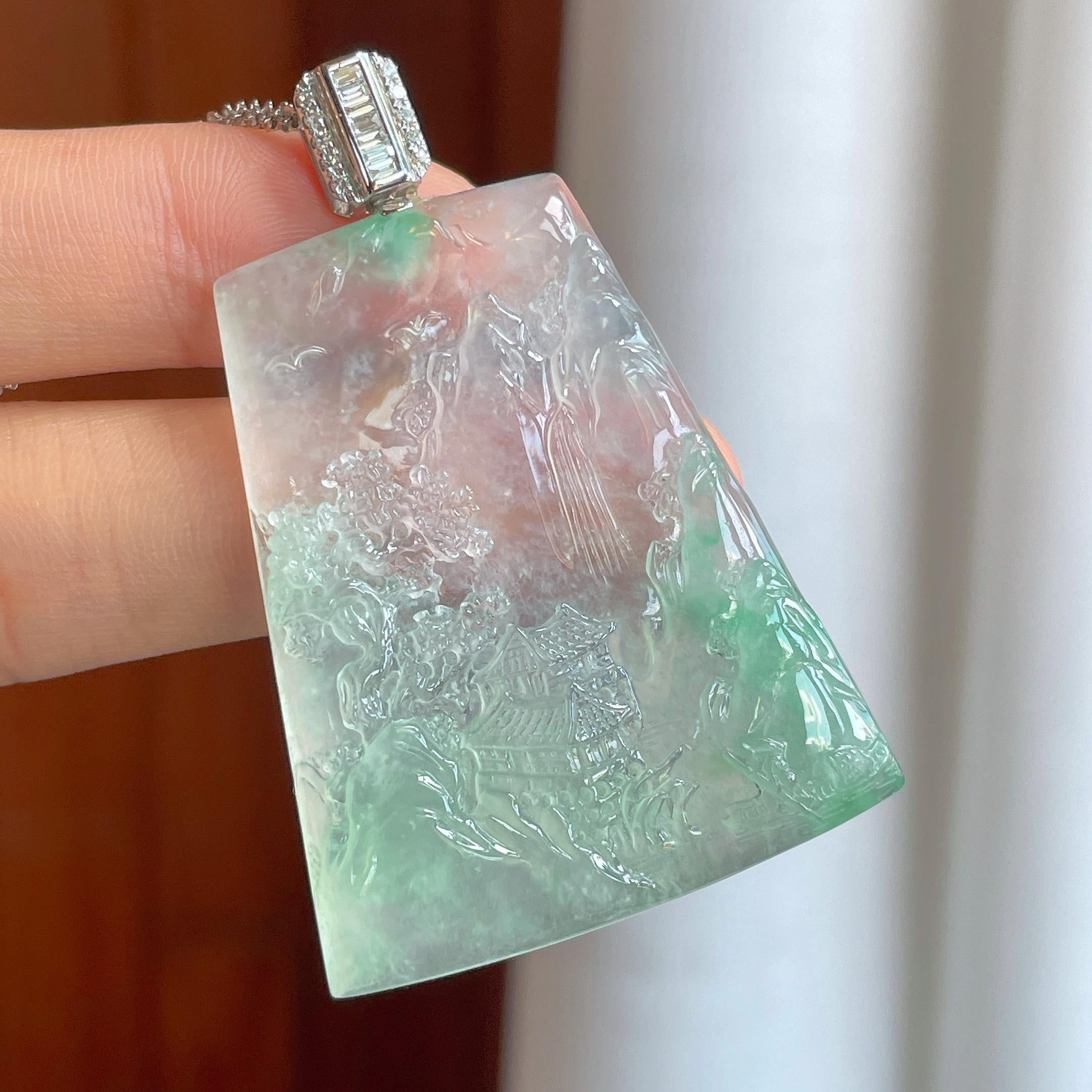 18k金扣冰种飘绿花翡翠山水牌（yc292727）