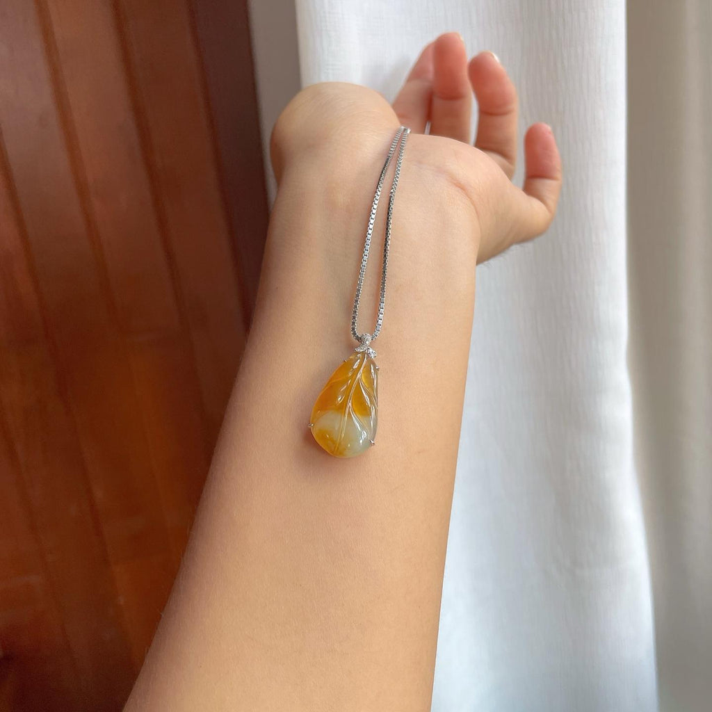 18k金镶糯冰黄翡翡翠叶子（yc247176）