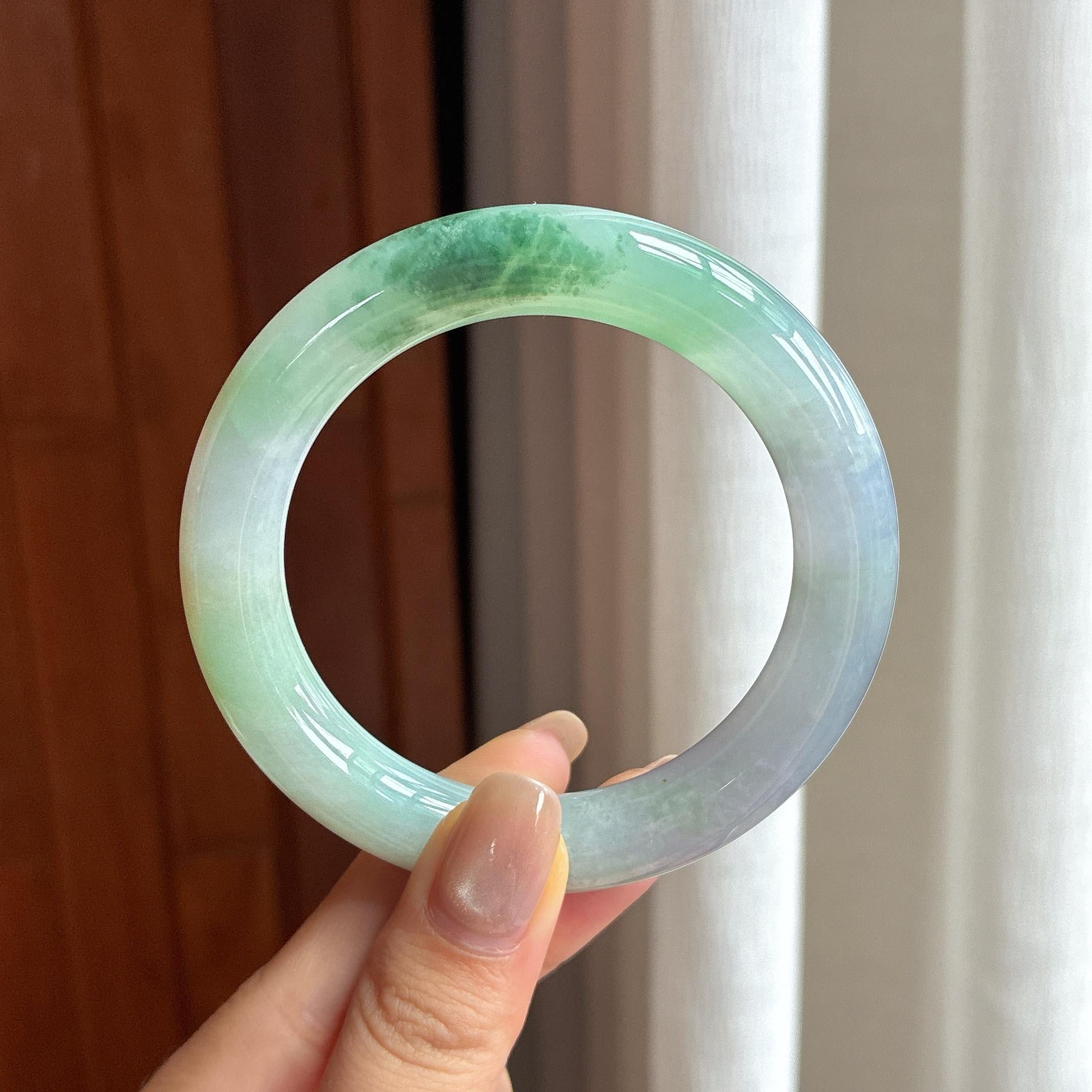 糯冰飘花翡翠圆条手镯 55圈（yc436452）