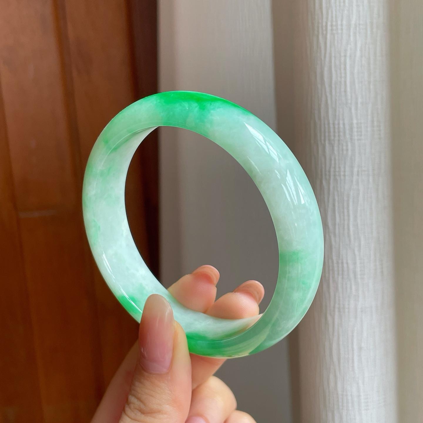 糯冰宽版带色翡翠平安镯（59mm)（yc350505）