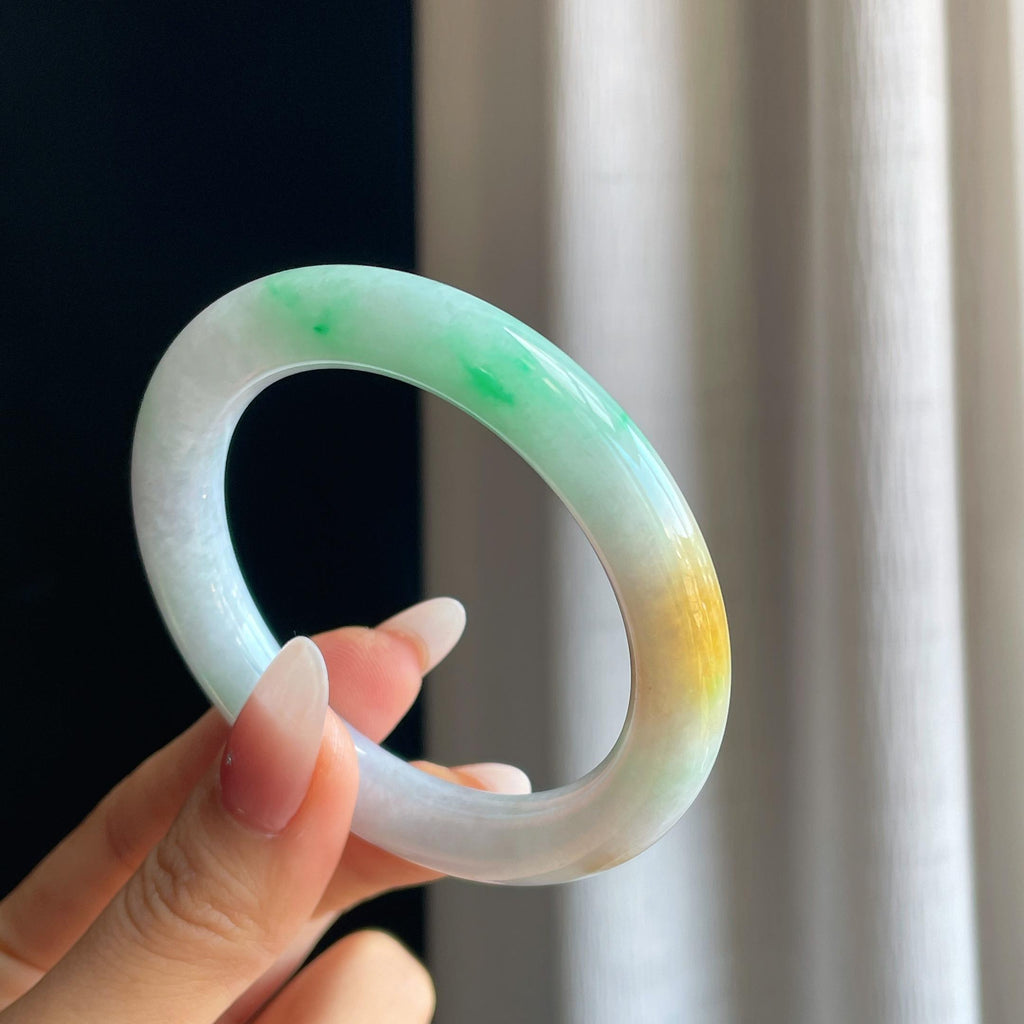 糯冰黄加绿翡翠圆条手镯（53mm）（yc295022）