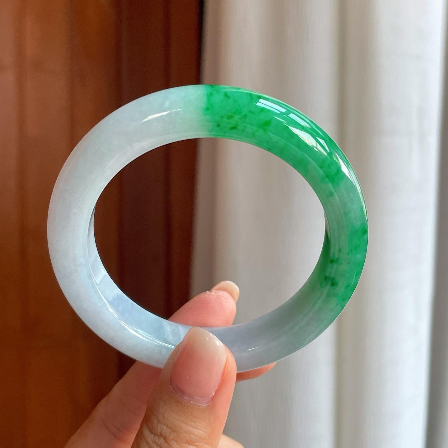糯冰翠绿半山半水翡翠平安镯（56mm）（yc400193）