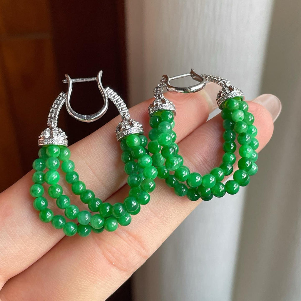 18k金镶糯冰满绿小米珠翡翠耳饰（yc246172）