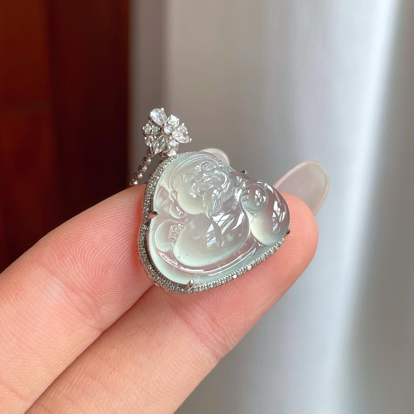 18k金钻镶冰玻种雪花棉翡翠佛公（yc269040）