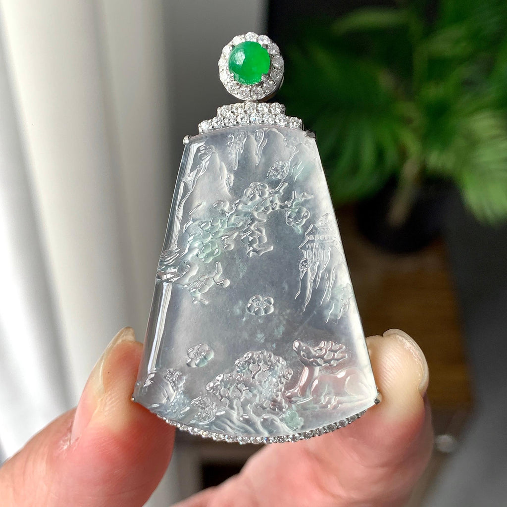 18K金钻镶冰种山水牌吊坠（yc255621）