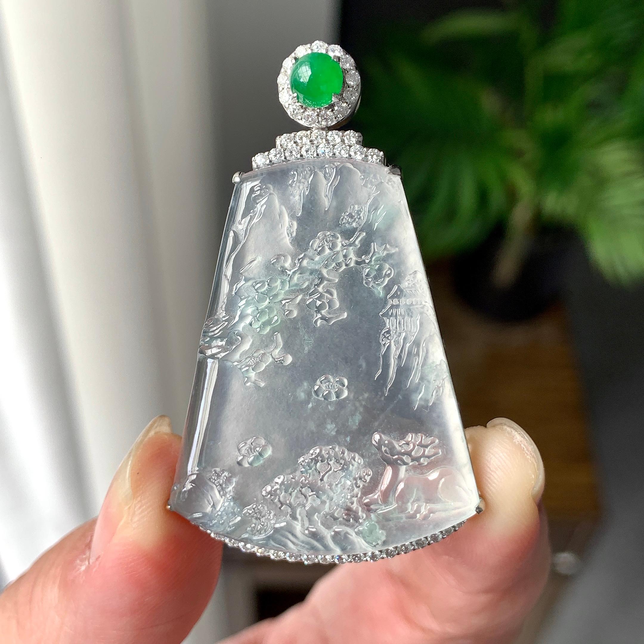 18K金钻镶冰种山水牌吊坠（yc255621）