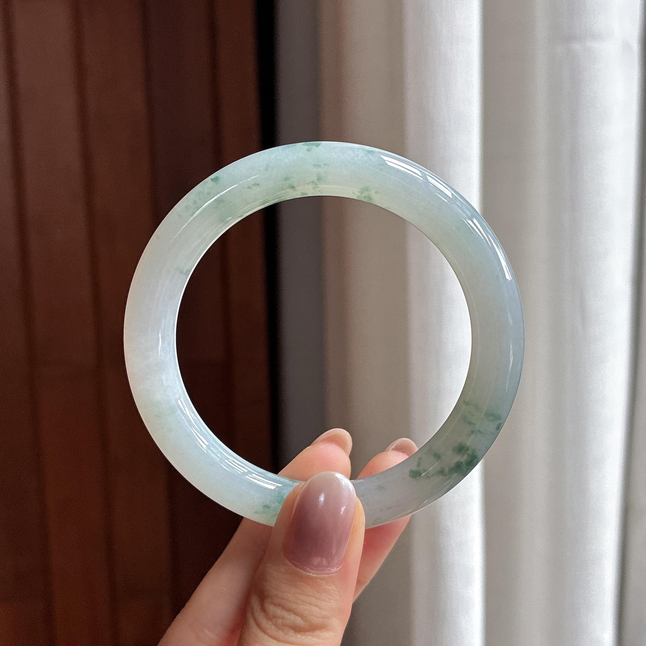 糯冰飘花圆条手镯 54圈 天然缅甸A货翡翠（yc504717）