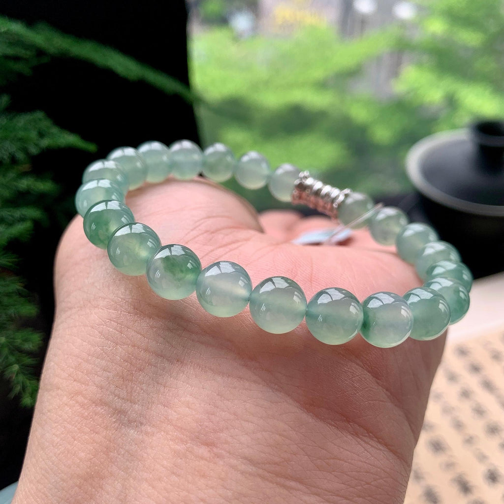 糯冰种晴底飘花手串 天然缅甸A货翡翠（yc473096）