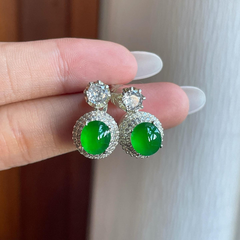 铜托冰种满绿翡翠蛋面耳饰（yc261407）