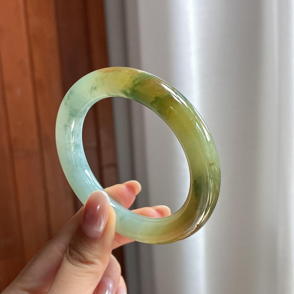 糯冰黄翡飘花特色圆条手镯 53圈 天然缅甸A货翡翠（yc697715）
