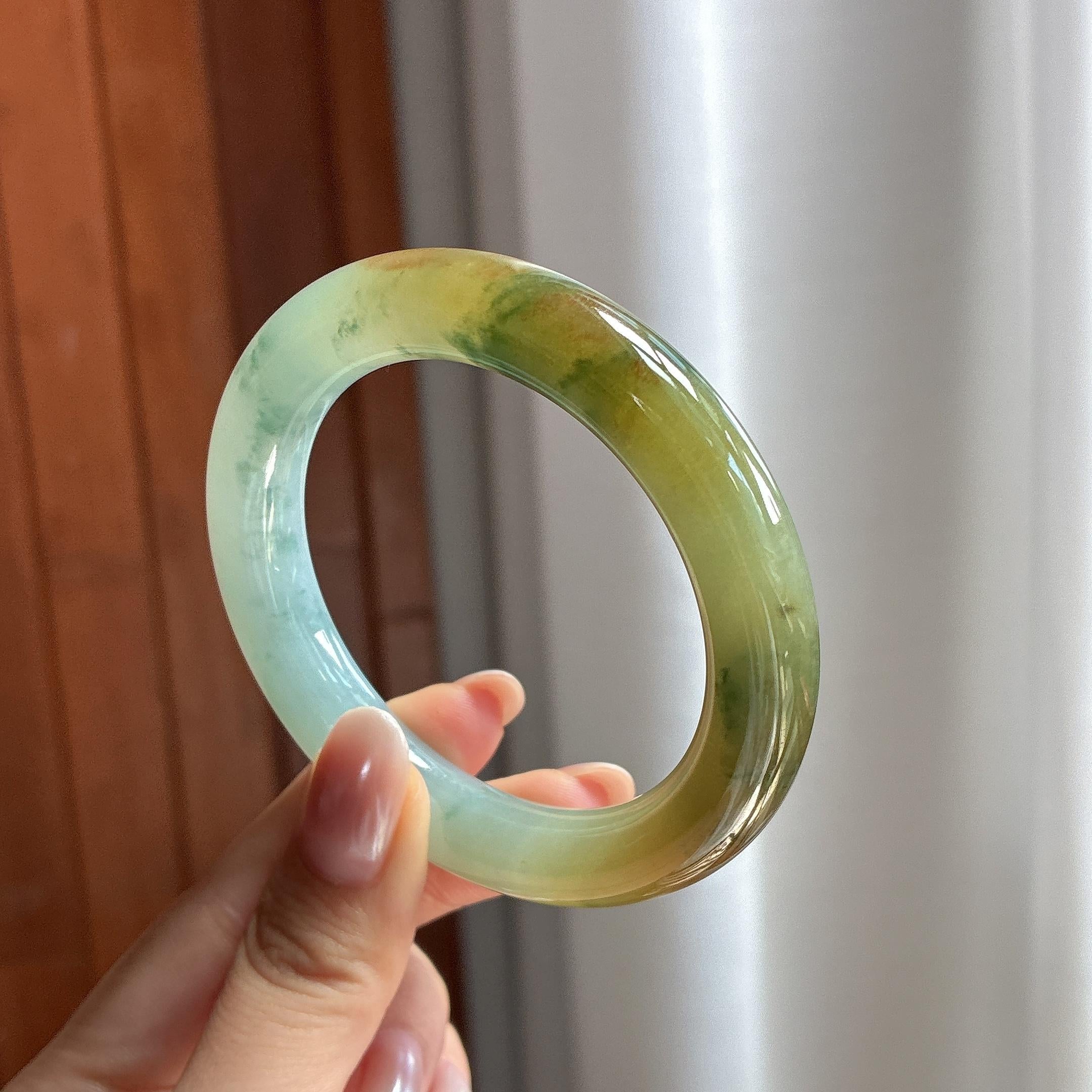 糯冰黄翡飘花特色圆条手镯 53圈 天然缅甸A货翡翠（yc697715）