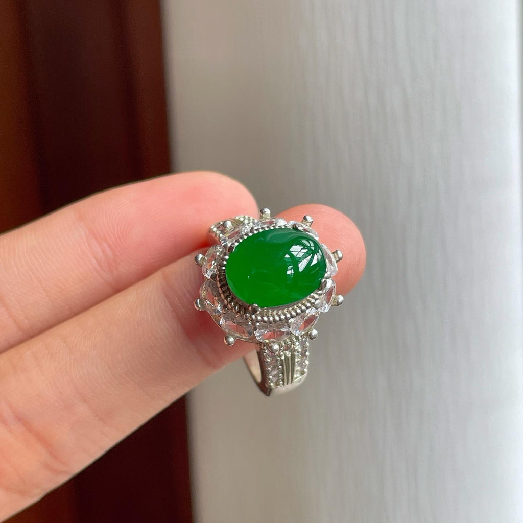 铜托冰种满绿翡翠蛋面（yc253142）