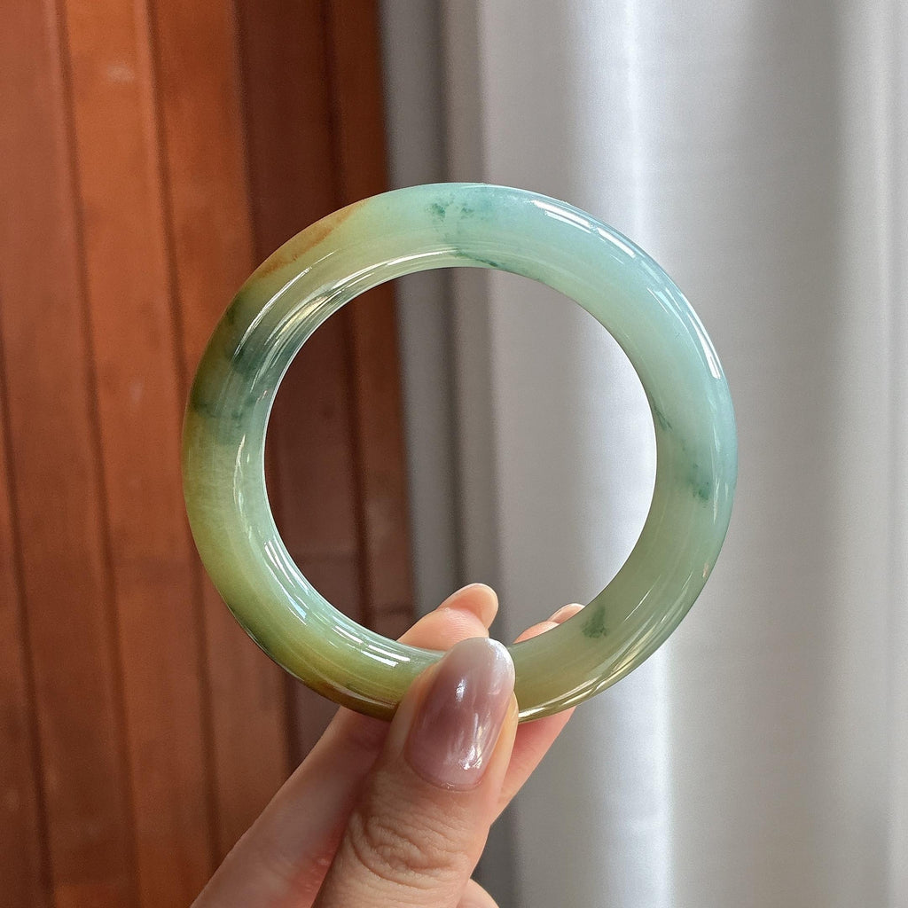 糯冰黄翡飘花特色圆条手镯 53圈 天然缅甸A货翡翠（yc697715）