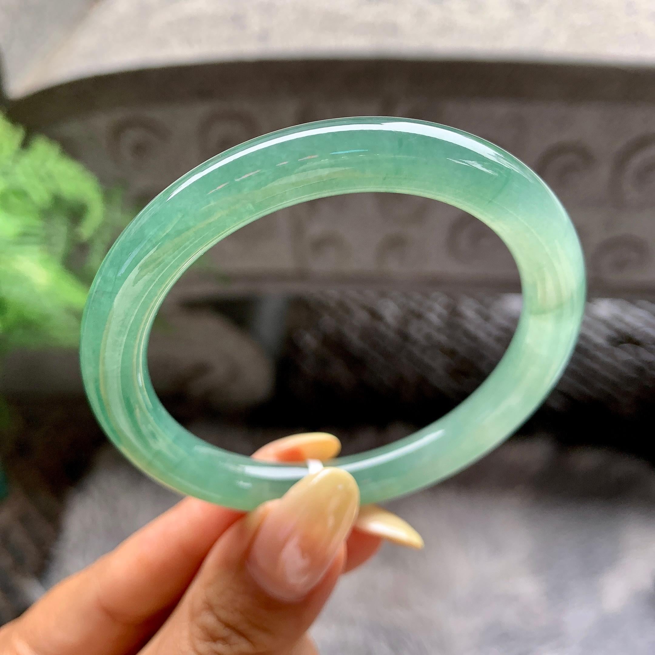 糯冰种油青色圆条手镯55.2圈 天然缅甸A货翡翠（yc481903）